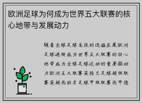 欧洲足球为何成为世界五大联赛的核心地带与发展动力 欧洲足球为何成为世界五大联赛的核心地带与发展动力